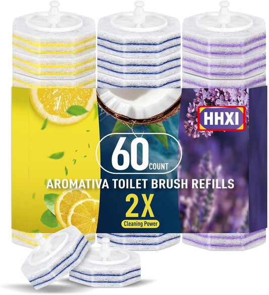 60Ct Aromative Toilet Brush Refills, Toilet Bowl Cleaner Refills, Double-Layer Cleaning Pads Added, Disposable Refill Heads for Toilet Bowl Cleaner Wands, Bulk （Patented）