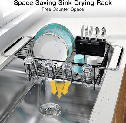 JASIWAY Dish Drying Rack in Sink, Expandable Stainless Steel Dish Drainers for Kitchen Counter, Dish Dryer Rack for Inside Sink, Over The Sink Dish Racks with Utensil Holder, Silver