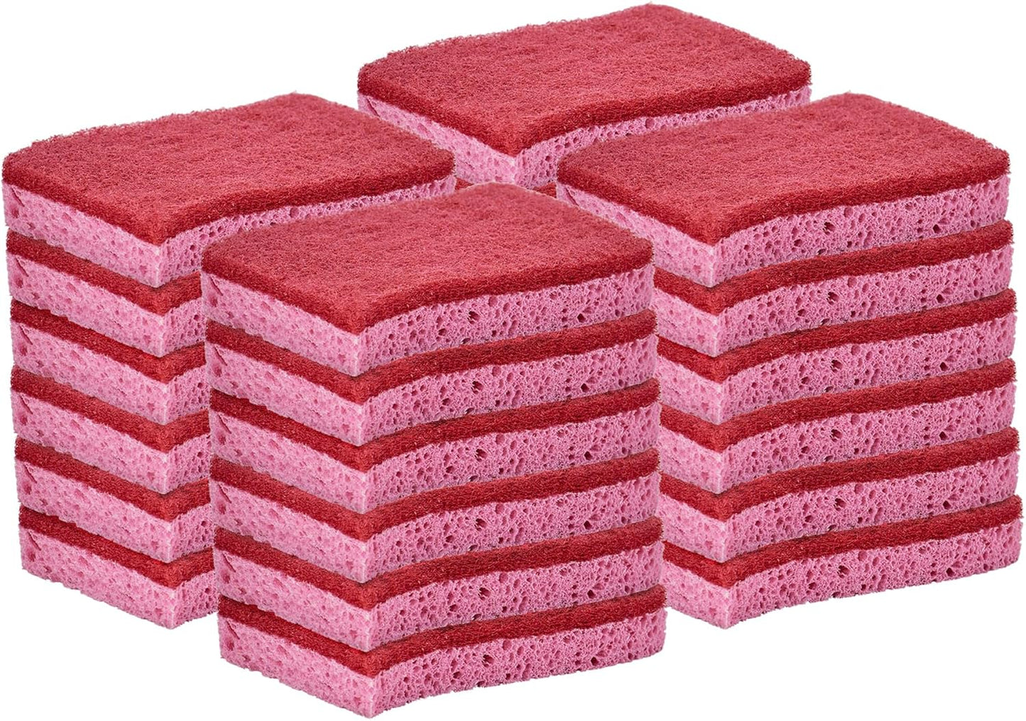 Non-Scratch Cellulose Sponge Kitchen Scrub Sponge with Scouring Pad Set, Good for Non-Stick Cookware Frying Pan, Pot, Counter Top, Sink Scrubbing, Kitchen Scrubbers, Pack of 2, (Red/Pink)