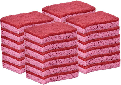 Non-Scratch Cellulose Sponge Kitchen Scrub Sponge with Scouring Pad Set, Good for Non-Stick Cookware Frying Pan, Pot, Counter Top, Sink Scrubbing, Kitchen Scrubbers, Pack of 2, (Red/Pink)