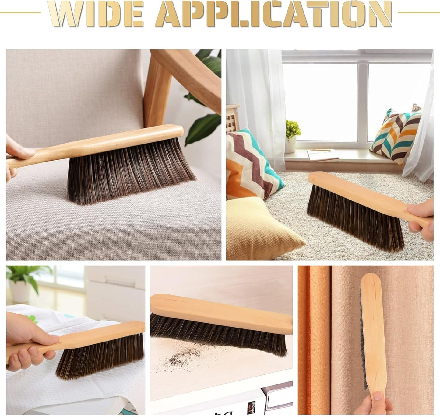 Woooden Hand Whisk Broom - Small Dust Brush with Soft Bristles & Wood Handle for Couch, Car, Fireplace, Bed & Household Cleaning (Brown)