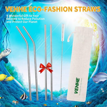 VEHHE Metal Straw Stainless Steel Straws Drinking Reusable Straws 4 Set -10.5" Ultra Long Rainbow Color-Cleaning Brush for 20/30 Oz for Yeti RTIC SIC Ozark Trail Tumblers (2 Straight|2 Bent|1 Brush)