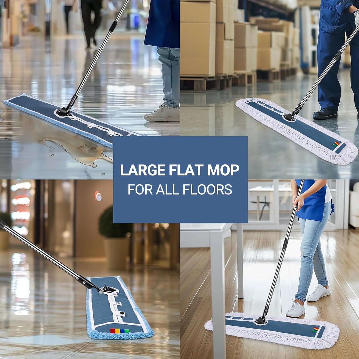 42" Commercial Dust Mop for Floor Cleaning, MASTERTOP Large Flat Mop with Long Handle, Sweeping Broom with 2 Different Mops Pads, Industrial Mop for Hardwood, Tile, Gym, Office, Mall, Warehouse