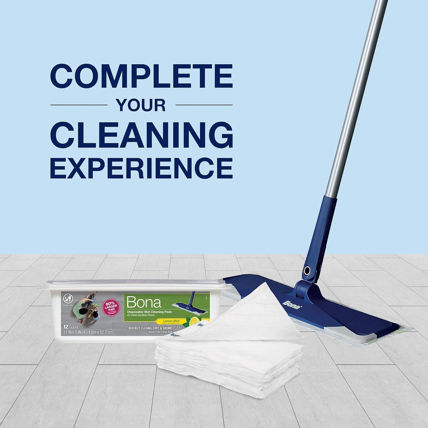 Bona Multi-Surface Floor Disposable Wet Cleaning Pads - 12-Pack - Residue-Free Floor Cleaning Solution for Stone, Tile, Laminate, and Vinyl Floors