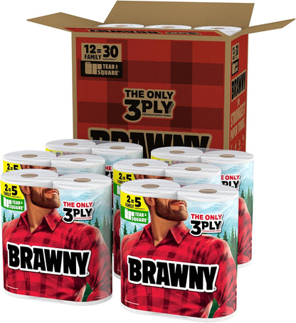 Brawny Tear-A-Square 3-Ply Paper Towels, 6 Double Rolls = 12 Regular Rolls, Strong, Absorbent, and Durable with 3 Sheet Sizes (Quarter, Half, Full)