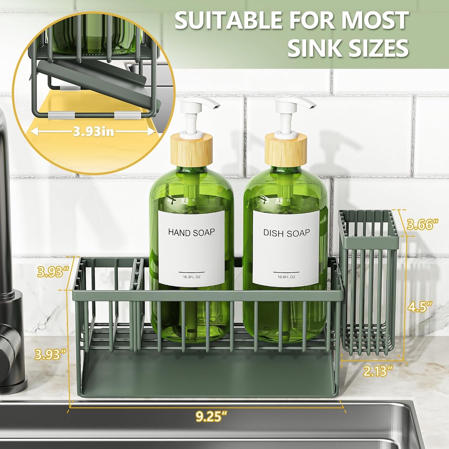 Cisily Kitchen Dish Soap Dispenser Set with 2 Pack 16.9oz Black Glass Bottle and Sponge Holder, Dish Soap Dispensers with Adjustable Sponge Holder, Vintage Hand and Dish Soap Dispensers Set