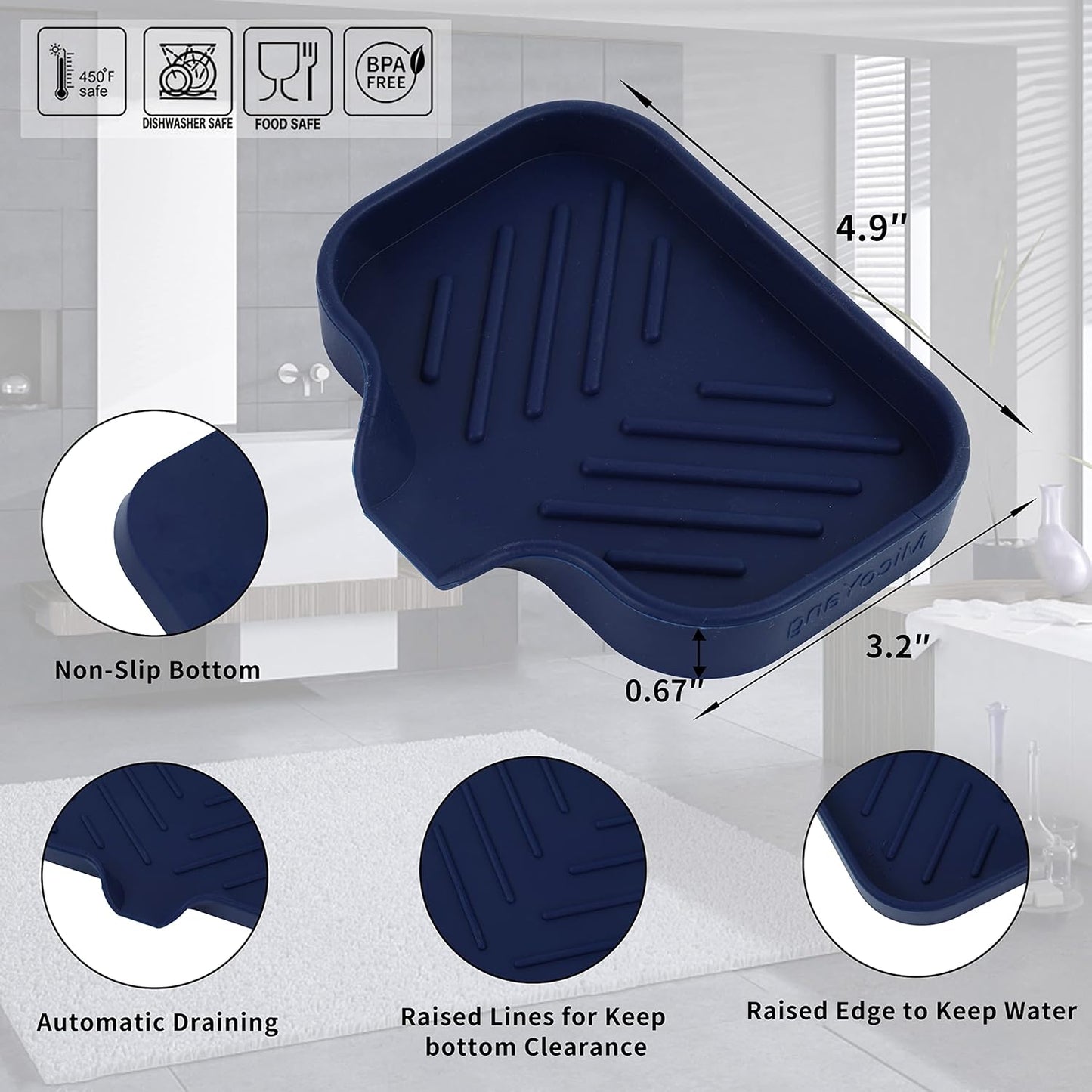 MicoYang Silicone Bathroom Soap Dishes with Drain Spout-Bathroom and Kitchen Sink Organizer,Sponge Holder,Dish Soap Tray,Perfect for Dispenser,Scrubber,Bottle,Cup on Sink or Counter-Black 4.9"×3.2"