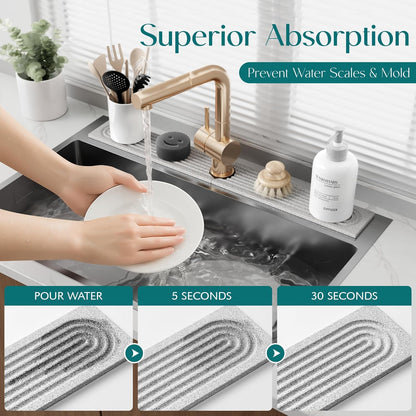 Eormoe Faucet Mat for Kitchen Sink – Diatomite Stone Drying Mat & Sink Protectors, Prevent Moisture – Sink Splash Guard Water-Absorbing Stone Tray for Bathroom Counter (Light Grey, 23.6" x 3.9")