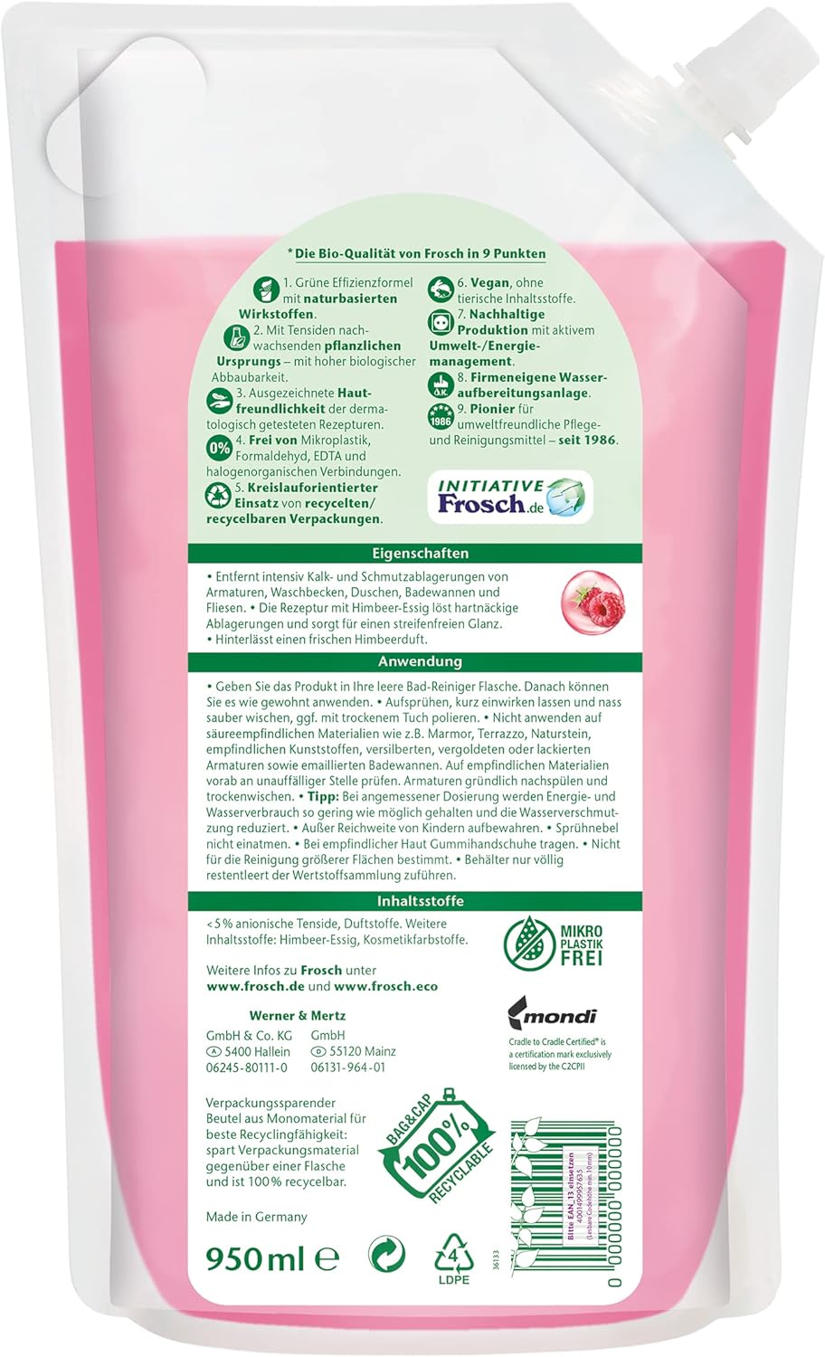 Frosch Raspberry Vinegar Anti-limescale Cleaner, Power Cleaner - Extra Strong Against Dirt and Limescale for Kitchen and Bathroom in Refill Bag 1 Pack (1 x 950 ml)