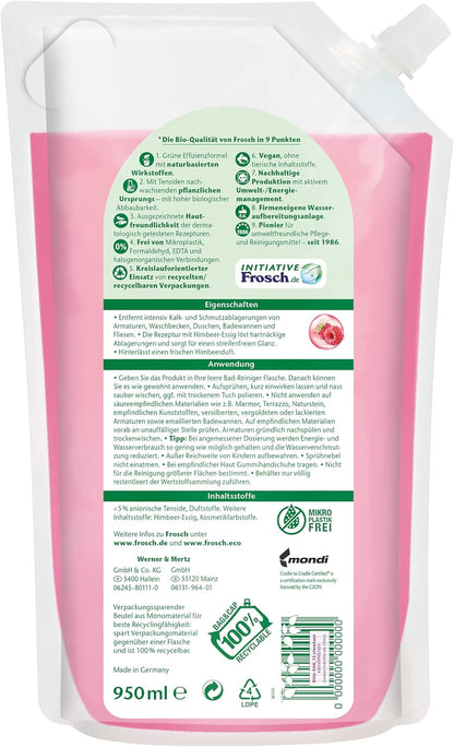 Frosch Raspberry Vinegar Anti-limescale Cleaner, Power Cleaner - Extra Strong Against Dirt and Limescale for Kitchen and Bathroom in Refill Bag 1 Pack (1 x 950 ml)