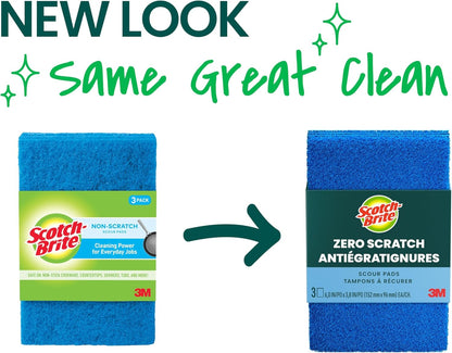Scotch-Brite Zero Scratch Scouring Pad, Effective + Gentle Dish Scrubber for Household Cleaning, 3 Scrub Pads for Dishes, Nonstick Pots and Pans, Glass, Tubs, Showers, Reusable & Durable