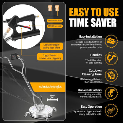 14" Pressure Washer Surface Cleaner with 4 Wheels - Stainless Steel Surface Cleaner for Pressure Washer Attachment for Concrete, Patio, Sidewalk, Deck and Driveways - PWS14
