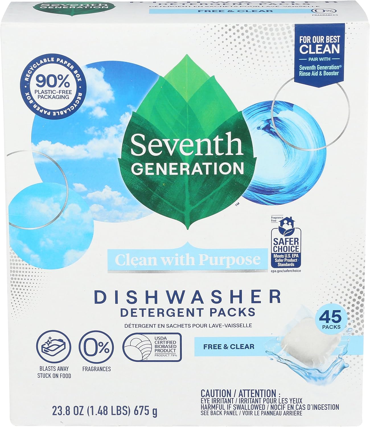 Seventh Generation Dishwasher Detergent Packs Free & Clear Pack of 2 for sparkling dishes Dishwasher tabs 45 count