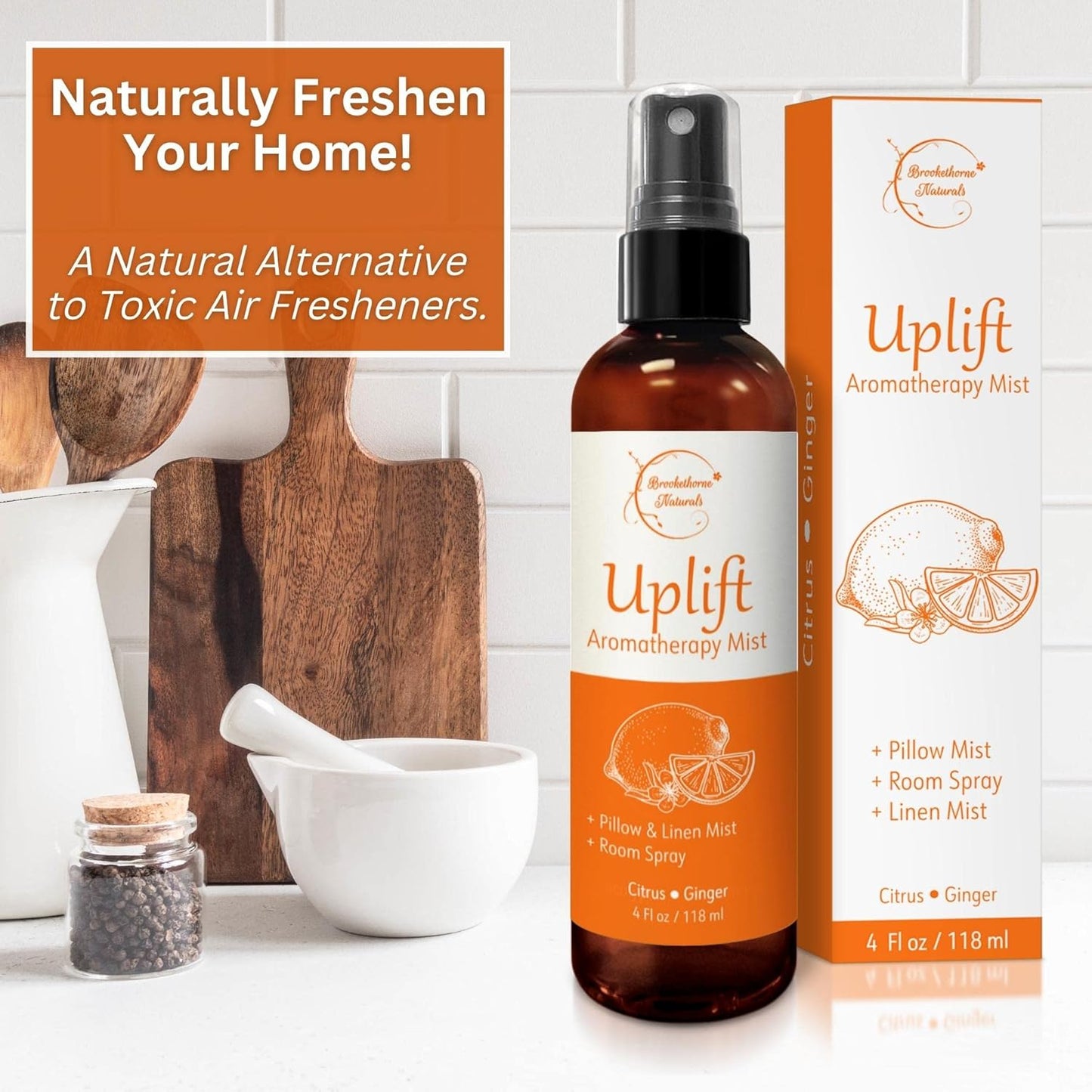 Refresh Aromatherapy Room Spray & Pillow Mist. Peppermint & Eucalyptus Essential Oil Spray, Linen Mist, Natural Car Air Freshener Bathroom Freshener & Closet Deodorizer by Brookethorne Naturals