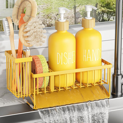 Cisily Kitchen Dish Soap Dispenser Set with 2 Pack 16.9oz Black Glass Bottle and Sponge Holder, Dish Soap Dispensers with Adjustable Sponge Holder, Vintage Hand and Dish Soap Dispensers Set