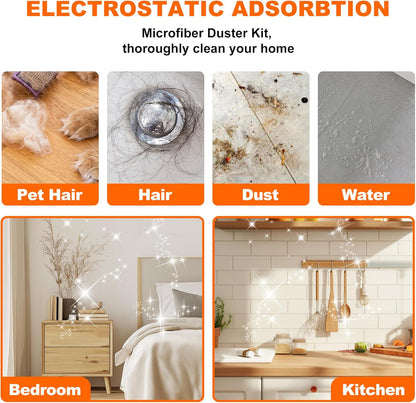 Microfiber Dusters for Cleaning,100" Professional Extension Pole Duster Kit with 2 Washable Bendable Heads,Cobweb Remover & Feather Duster for High Ceilings,Ceiling Fans,and Hard-to-Reach Areas,3PCS