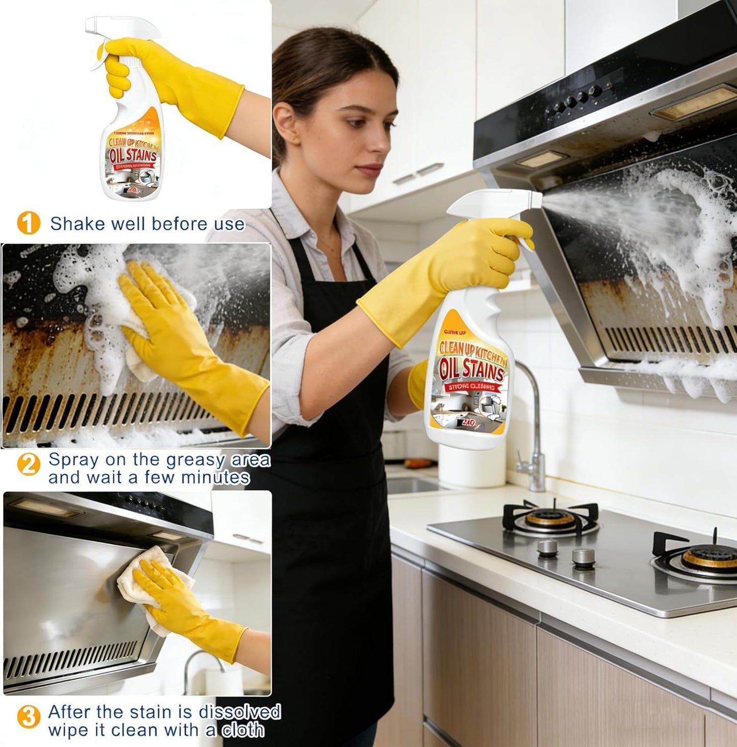 Heavy-Duty Kitchen Degreaser Spray, Multi-Purpose Foam Cleaner for Stovetops, Pans, Countertops & Appliances, Powerful on Grease and Oil Stains, No-Rinse Formula, 350ml/12oz, Lemon Scent（2 Pack）