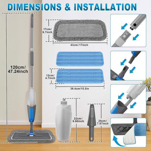 BPAWA Spray Mops for Floor Cleaning - Microfiber Wet Dry Dust Mop for Hardwood Laminate Wood Tile Vinyl Floors with 3 Washable Pads fit for Swiffer PowerMop