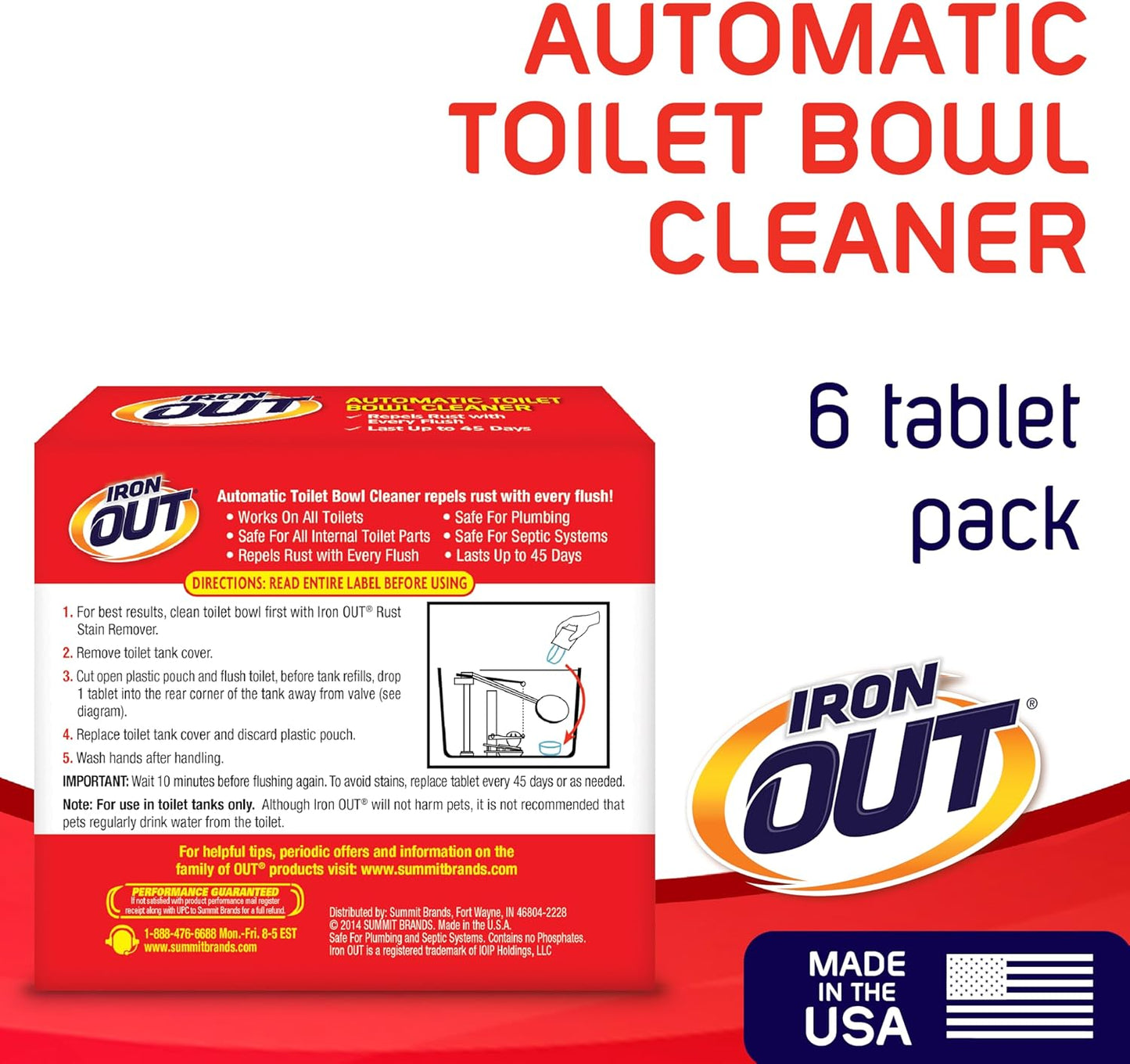 Iron OUT Automatic Toilet Bowl Cleaner Tablets, Helps Remove and Prevent Rust Stains with Every Flush, Lasts up to 45 Days, Made in the USA, 6 Tablets