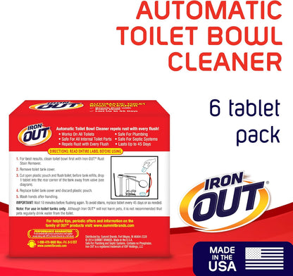 Iron OUT Automatic Toilet Bowl Cleaner Tablets, Helps Remove and Prevent Rust Stains with Every Flush, Lasts up to 45 Days, Made in the USA, 6 Tablets