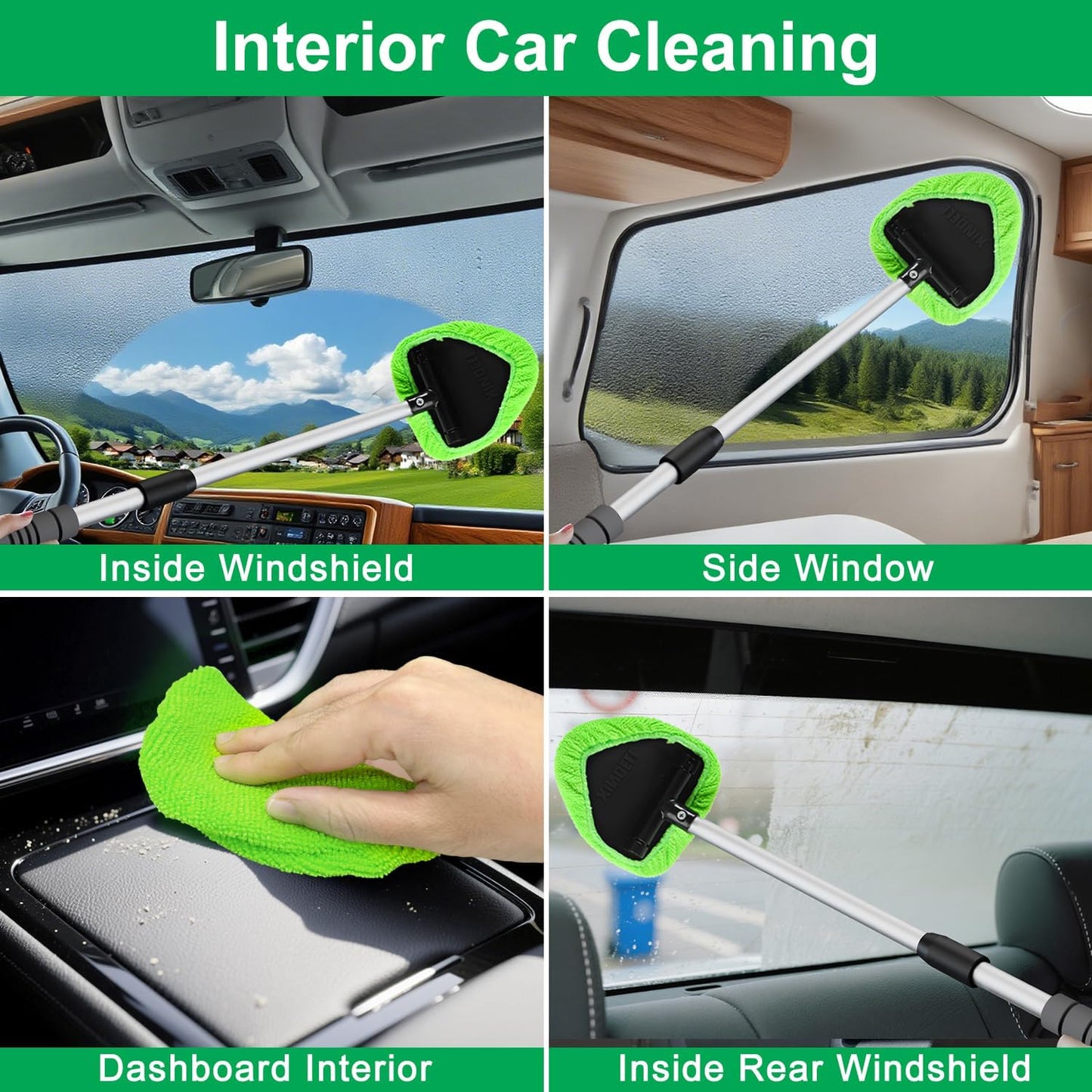 XINDELL Windshield Cleaner Tool – Car Interior Window Cleaning Kit with Extendable Handle & 4 Microfiber Pads, Auto Wiper Inside Windshield Brush for Car & Home Windows