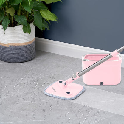 Spin Mop and Bucket with Separate Compartments for Clean and Dirty Water NEW 2025 Upgraded Version w/Side Brush and Self Standing Handle, Smart Square Mop w/ 2 Machine Washable Microfiber Pads, Rose