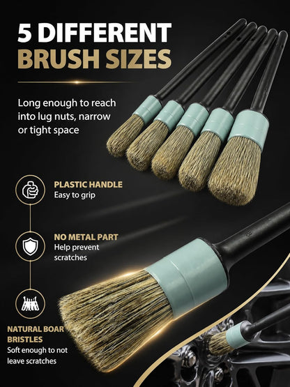 TAKAVU Complete Car Detailing Brush Kit (10 Piece) - Boar Hair Detail, Wire & Vent Brushes with Microfiber Towel for Wheels, Interior, Engine Bay Cleaning