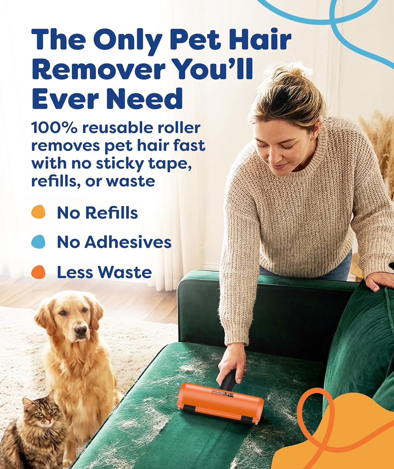 Triton Pet Hair Removal Tool w/Fur Trapping Compartment and Detachable Handle, 60% Smaller Storage Size, Reusable Shedding Roller, Cat and Dog Hair Remover for Car, Furniture, Carpet (Gray/White)
