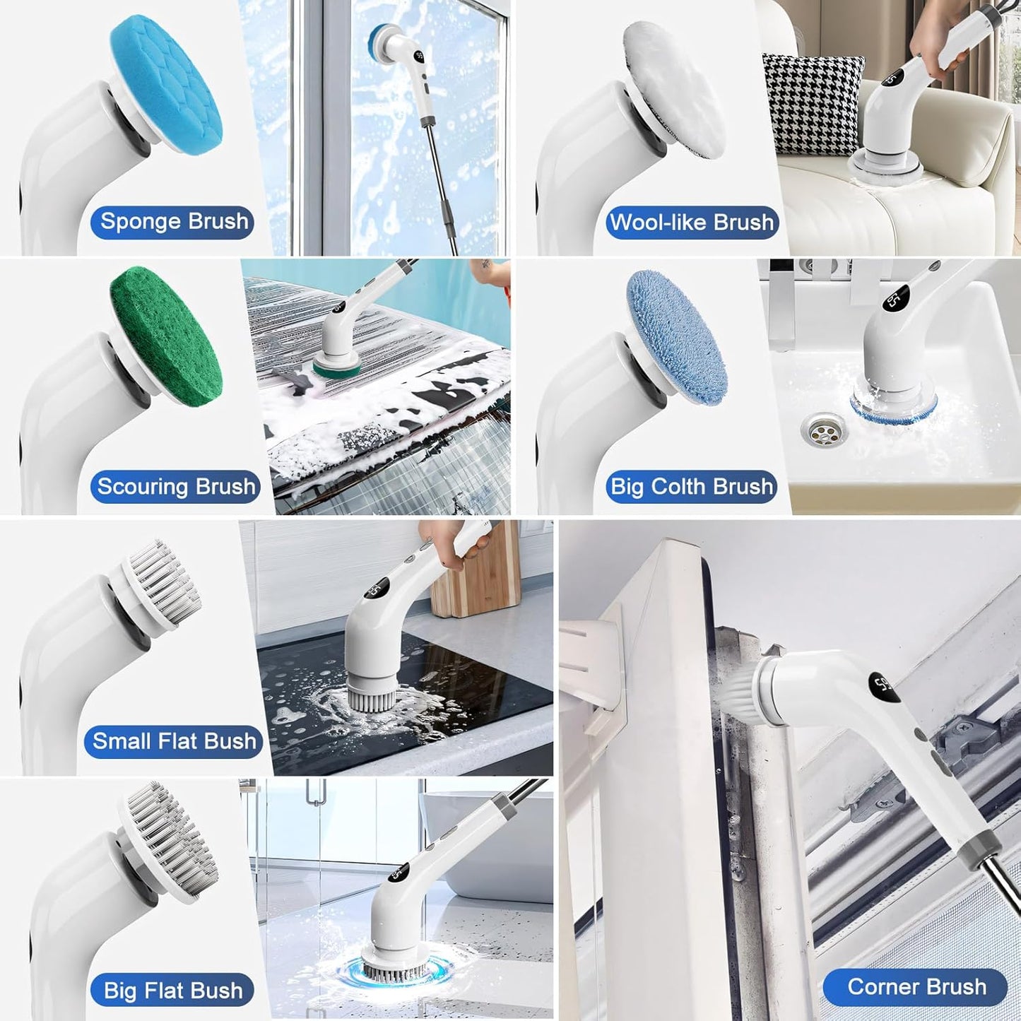 qimedo 5000mAh Battery Electric Spin Scrubber Q4, Handheld Scrubber for Cleaning with Display, Power Dish Scrubber with 5 Heads, Shower Cordless Cleaning Brush for Bathroom/Sink/Window
