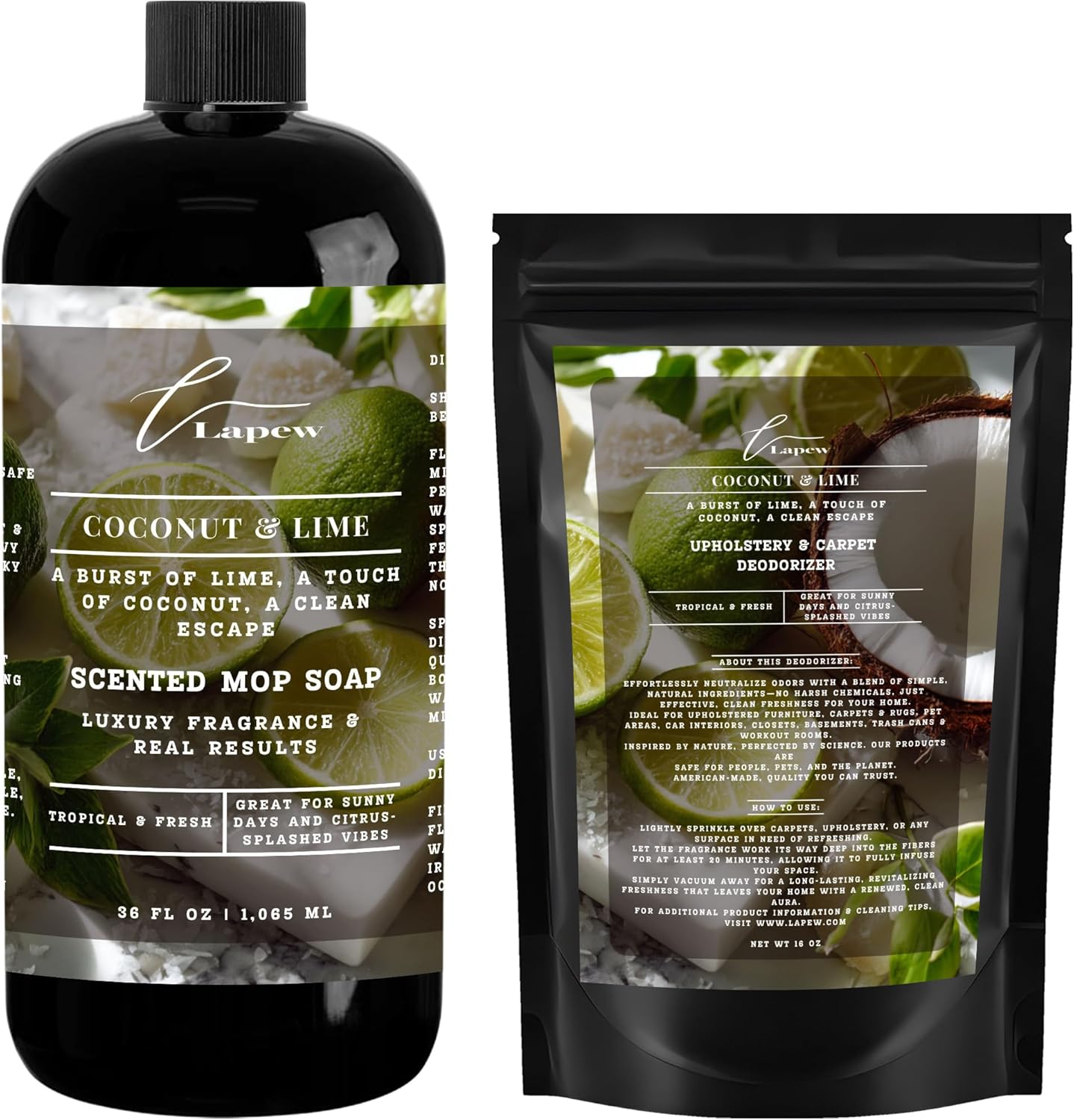 Lapew Black Sea Scented Cleaning Bundle | Carpet Deodorizer Powder (16 oz) & Mop Soap Concentrate (36 oz) | Pet-Friendly Odor Eliminator - Colors A