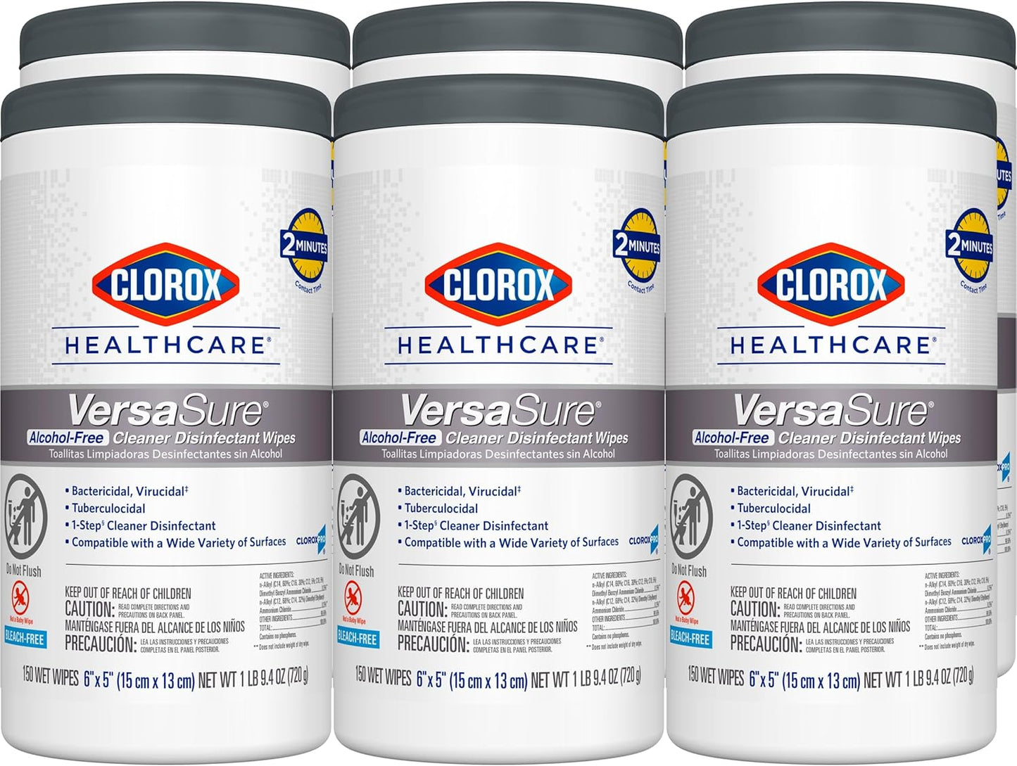 Clorox Healthcare VersaSure Cleaner Disinfectant Wipes, 6" x 5", 150 Count Canister, Pack of 6 (Package May Vary)