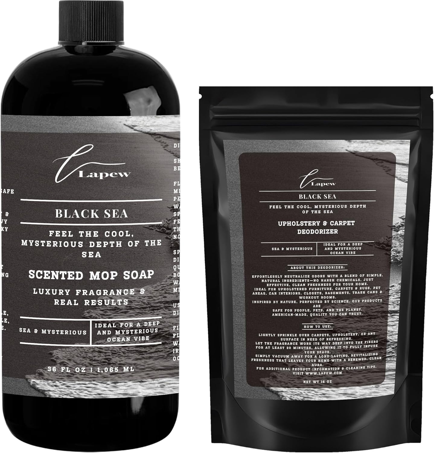 Lapew Black Sea Scented Cleaning Bundle | Carpet Deodorizer Powder (16 oz) & Mop Soap Concentrate (36 oz) | Pet-Friendly Odor Eliminator - Colors A