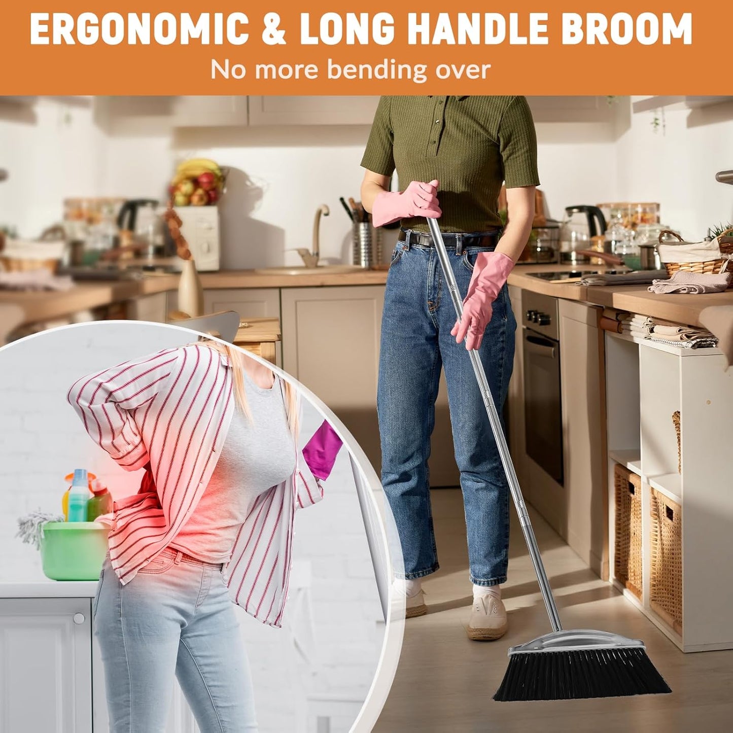 VOOWO Broom with Dustpan Combo Set, 46" Stainless Steel Broom and Dustpan Set for Home, Heavy Duty Dust Pan with Long Handle, Broom for Sweeping Indoor and Outdoor, Kitchen Broom and Dust Pan (Khaki)