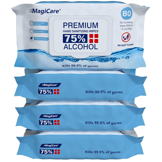 MagiCare 75% Large Alcohol Wipes (4, 80ct Packs, 320ct) - Hand Sanitizer Wipes, Unscented Hand Wipe, Cleaning, Sanitizing Wipe - Travel, Home, Office, Classroom, Car, Camping - Soft Packs