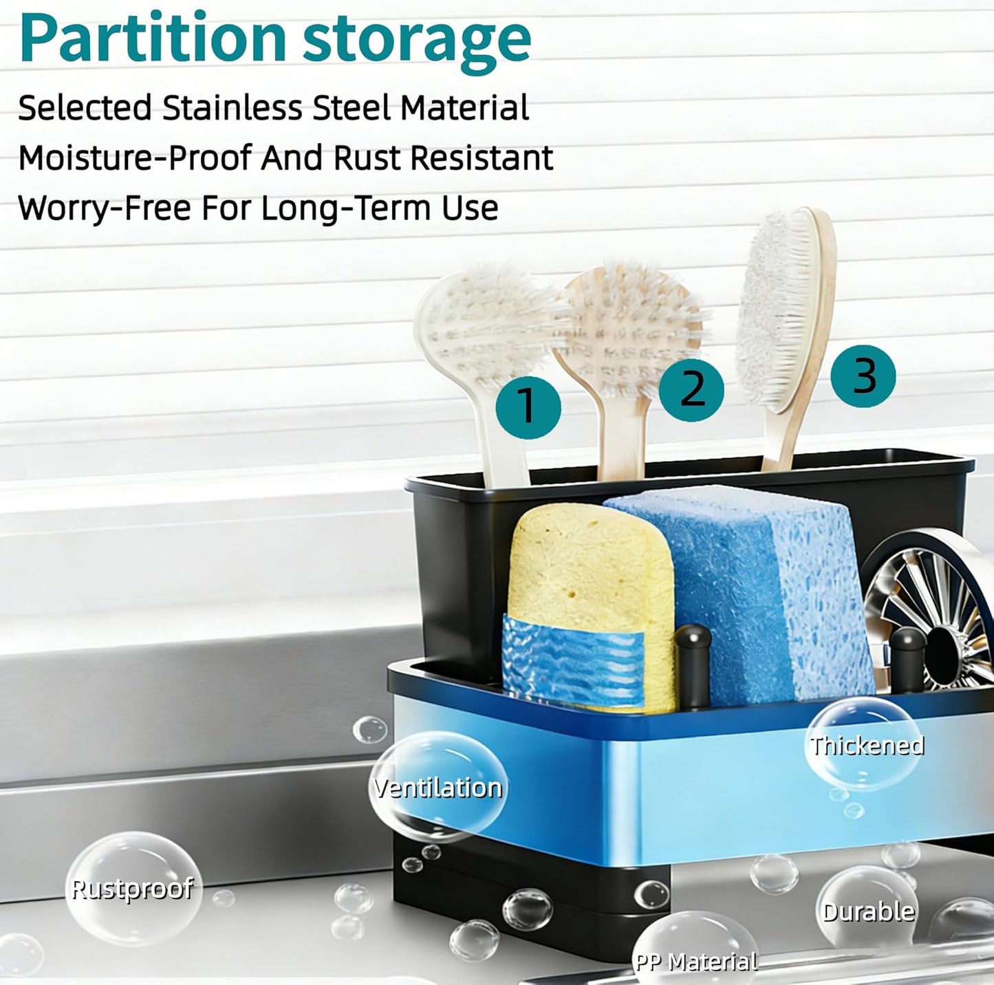 304 Stainless Steel Sink Caddy with Auto-Drain, Rustproof Sink Organizer, Sponge Holder with Removable Brush Holder & Towel Rack, Countertop Storage for Dish Soap Dispenser, Kitchen Sink Accessories