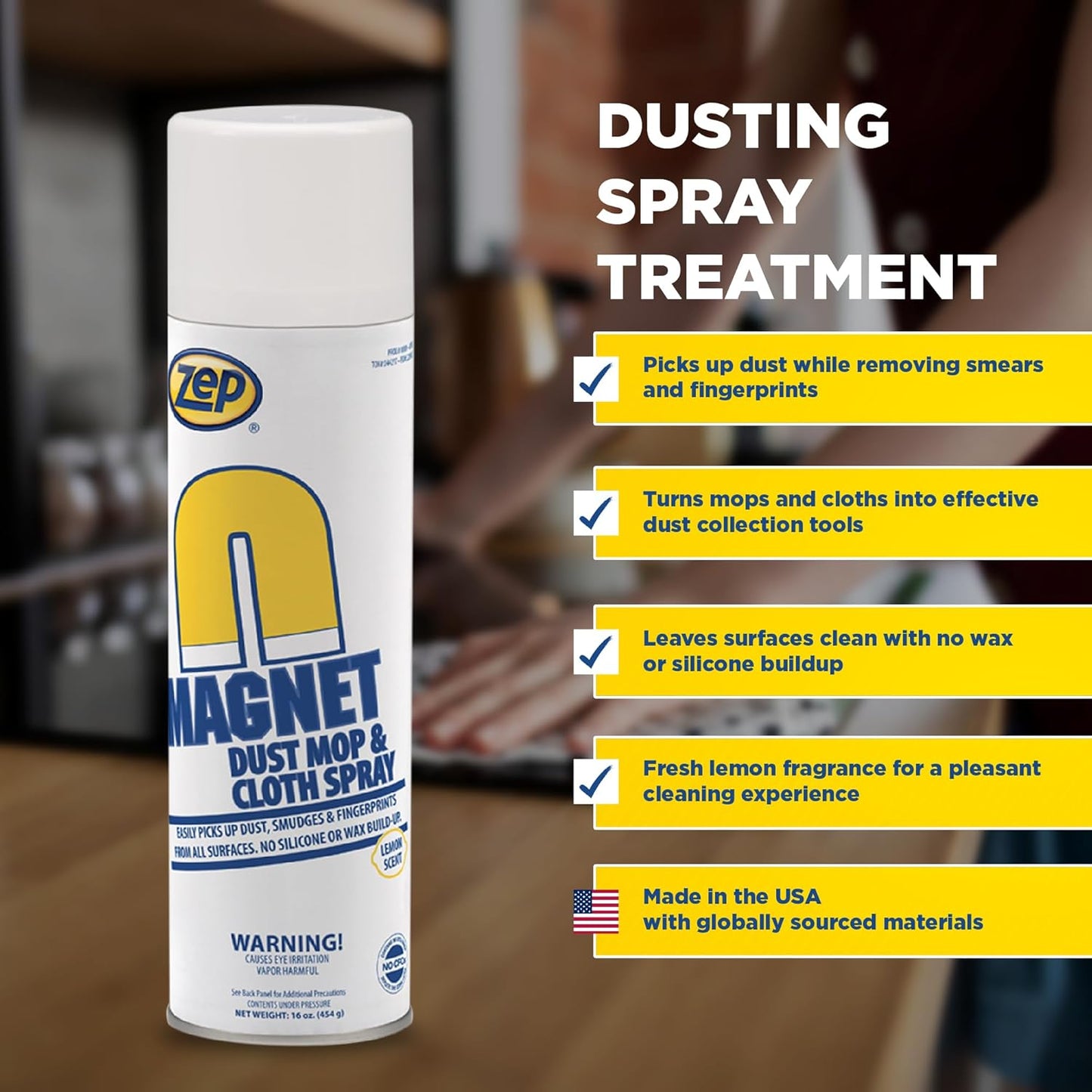 Zep Magnet Dust Mop and Cloth Spray - 16 Oz (Pack of 1) 8001 - Dusting Spray for Mops and Cloths, Removes Dust Smears and Fingerprints, No Buildup or Slippery Film, Lemon Scent