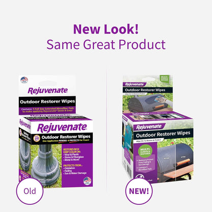 Rejuvenate Outdoor Restorer Wipes, 5 Count, Individually-Wrapped Pre- Saturated Microfiber Wipes Restore Faded and Weathered Surfaces Such As Patio Furniture, Shutters, Siding, Mailboxes And More