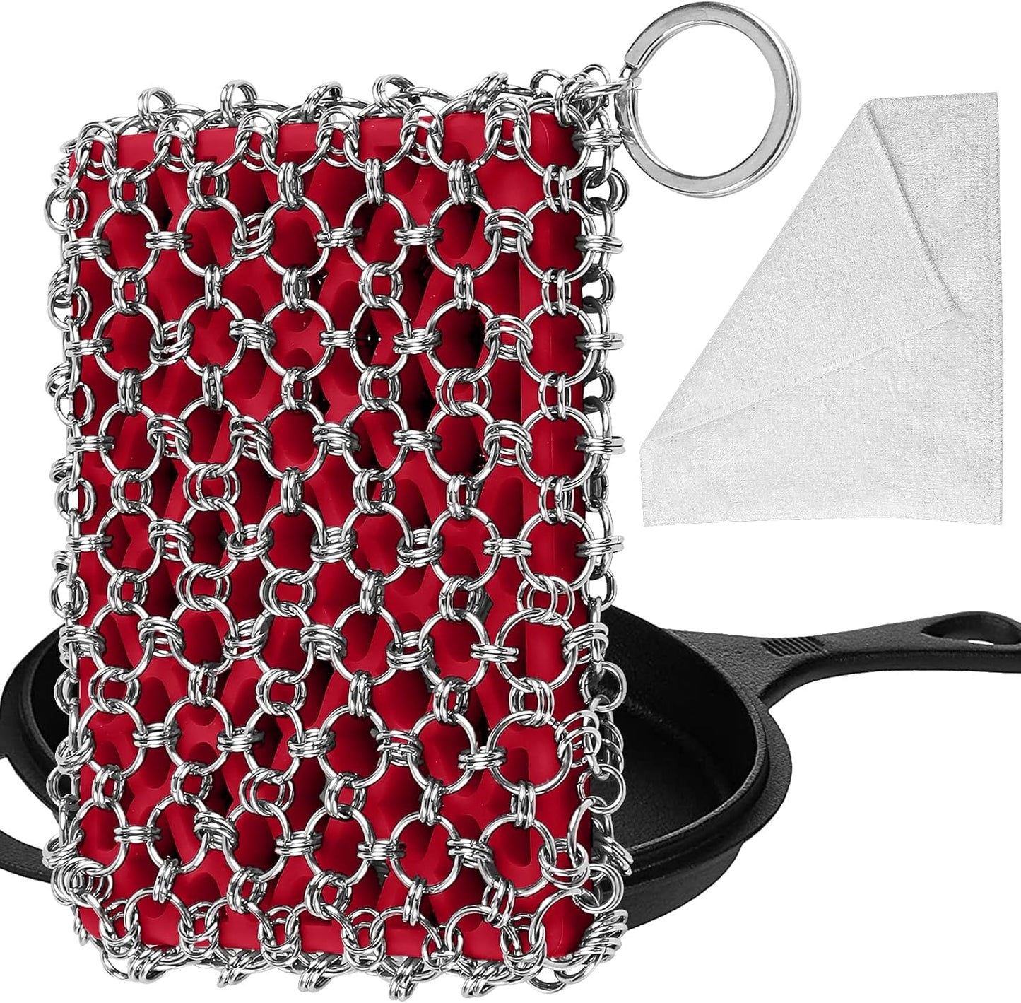 Herda Chain Mail Cast Iron Cleaner Scrubber,316 Chainmail Pan Scrubber Metal Cleaning Brush, Pad, Sponge Scraper to Clean Skillet,Dutch Oven, Wok,Grill Griddle,Chain Link Scrub Brush Pot Care Kit