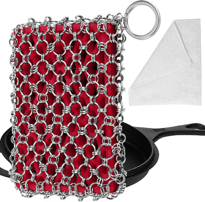 Herda Chain Mail Cast Iron Cleaner Scrubber,316 Chainmail Pan Scrubber Metal Cleaning Brush, Pad, Sponge Scraper to Clean Skillet,Dutch Oven, Wok,Grill Griddle,Chain Link Scrub Brush Pot Care Kit