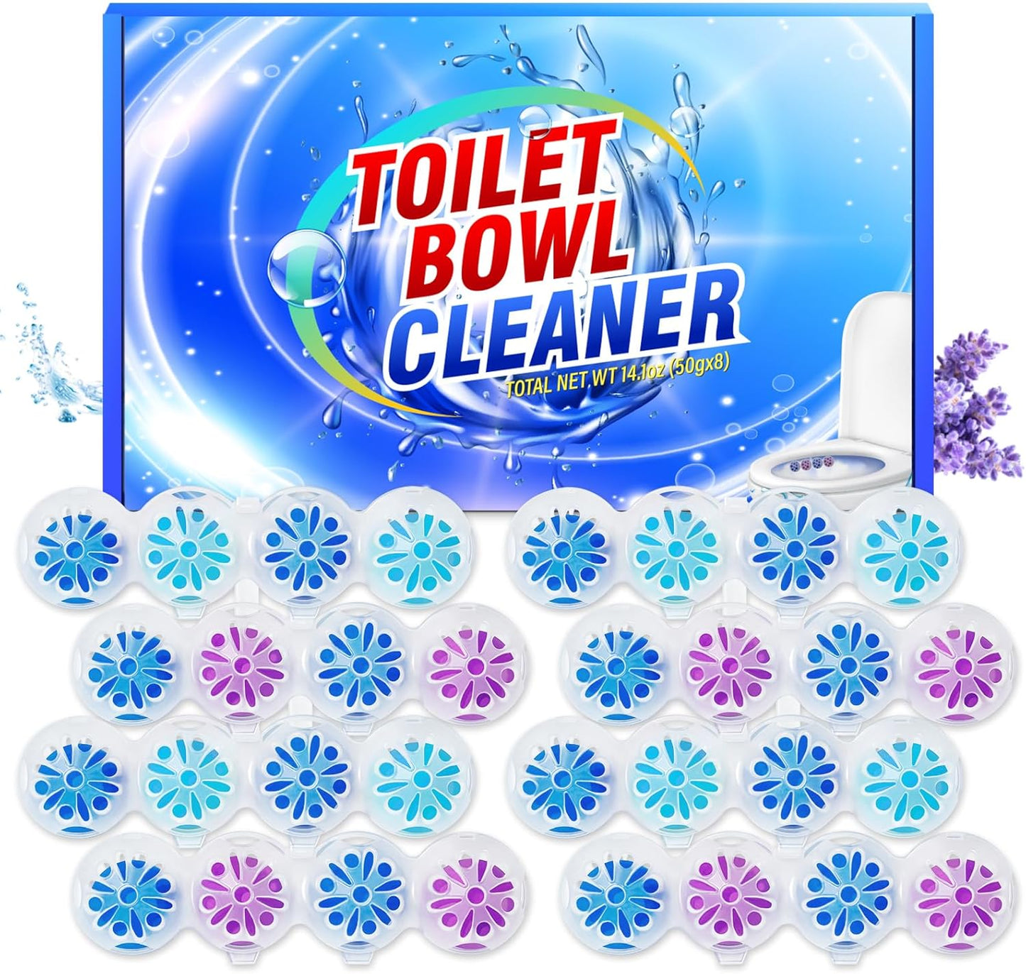 SCENTORINI 4-in-1 Toilet Bowl Cleaner Rim Hanger, Hanging Automatic Toilet Bowl Freshener, 4 Ocean & 4 Lavender Scent, Toilet Bowl Cleaning Balls Long-Lasting up to 30 Days