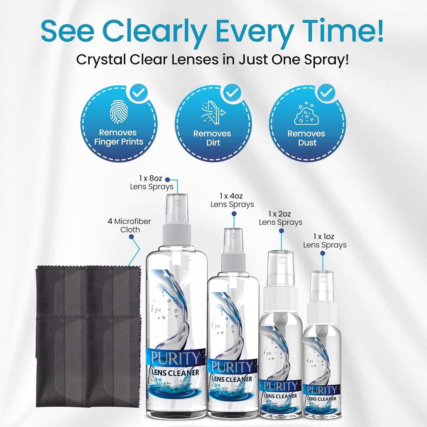 Purity Eyeglass Lens Cleaner Kit - 2 x 8oz and 1 x 2oz Lens Cleaner Spray Bottle + 2 Microfiber Cleaning Cloths - Safe for All Lenses (AR Coated Included), Eyeglasses and Screens - Clear