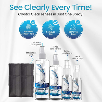 Purity Eyeglass Lens Cleaner Kit - 2 x 8oz and 1 x 2oz Lens Cleaner Spray Bottle + 2 Microfiber Cleaning Cloths - Safe for All Lenses (AR Coated Included), Eyeglasses and Screens - Clear