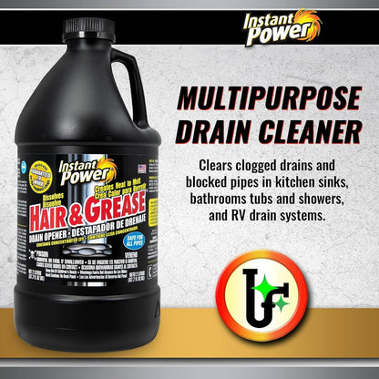 Instant Power Hair and Grease Drain Cleaner - Shower Drain & Sink Cleaner, Liquid Clog Remover, Made in USA, Sink Deodorizer - 1 Liter (Pack of 2)