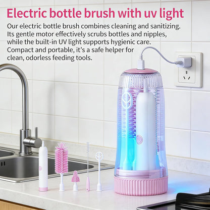 Portable Electric Silicone Bottle Brush Set, 7-in-1 UV Light USB Charging, Nipple/Straw Cleaner, Milk Mixer, Built-in Drying Rack & Storage Case, BPA-Free, IPX7, On-the-Go for New Parents (Mint)