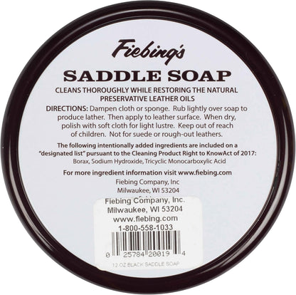 Fiebing's Black Saddle Soap (12oz) - Leather Cleaner & Conditioner - Soften, Protect, Restore & Renew Leathercraft, Car Seat, Belts, Shoes, Luggage, Furniture, Purses, Boots, Bags, Sports & Horse Gear