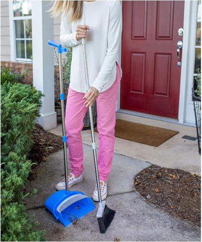 JFB Home Products BristleComb Outdoor Broom & Dustpan Set Upright, 49" Long Adjustable Broom, Long Handle, Self-Cleaning Comb & 2 Interchangeable Heads of Different Stiffness - Medium and Coarse