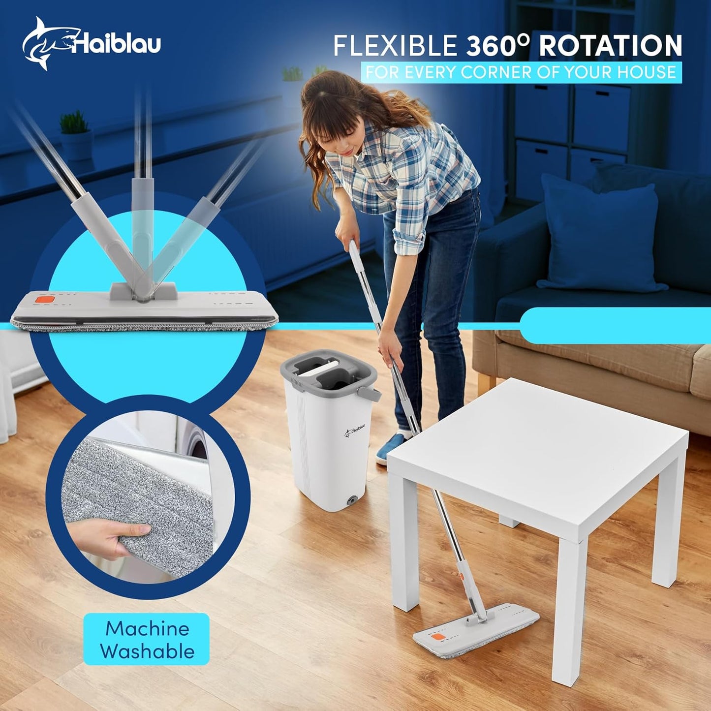 Flat Mop & Bucket Wringer Set with Self-Squeeze Mini Mop, Portable Handheld Wet/Dry Cleaner with Microfiber Pads, Flat Mop and Bucket System
