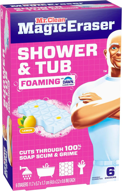 Mr. Clean Magic Eraser Sponge, Bathroom, Shower, Tub Cleaner, Soap Scum Remover, Bathroom Cleaning Supplies, Dawn Cleaning Power with Lemon Scent, Shower & Tub, 6ct