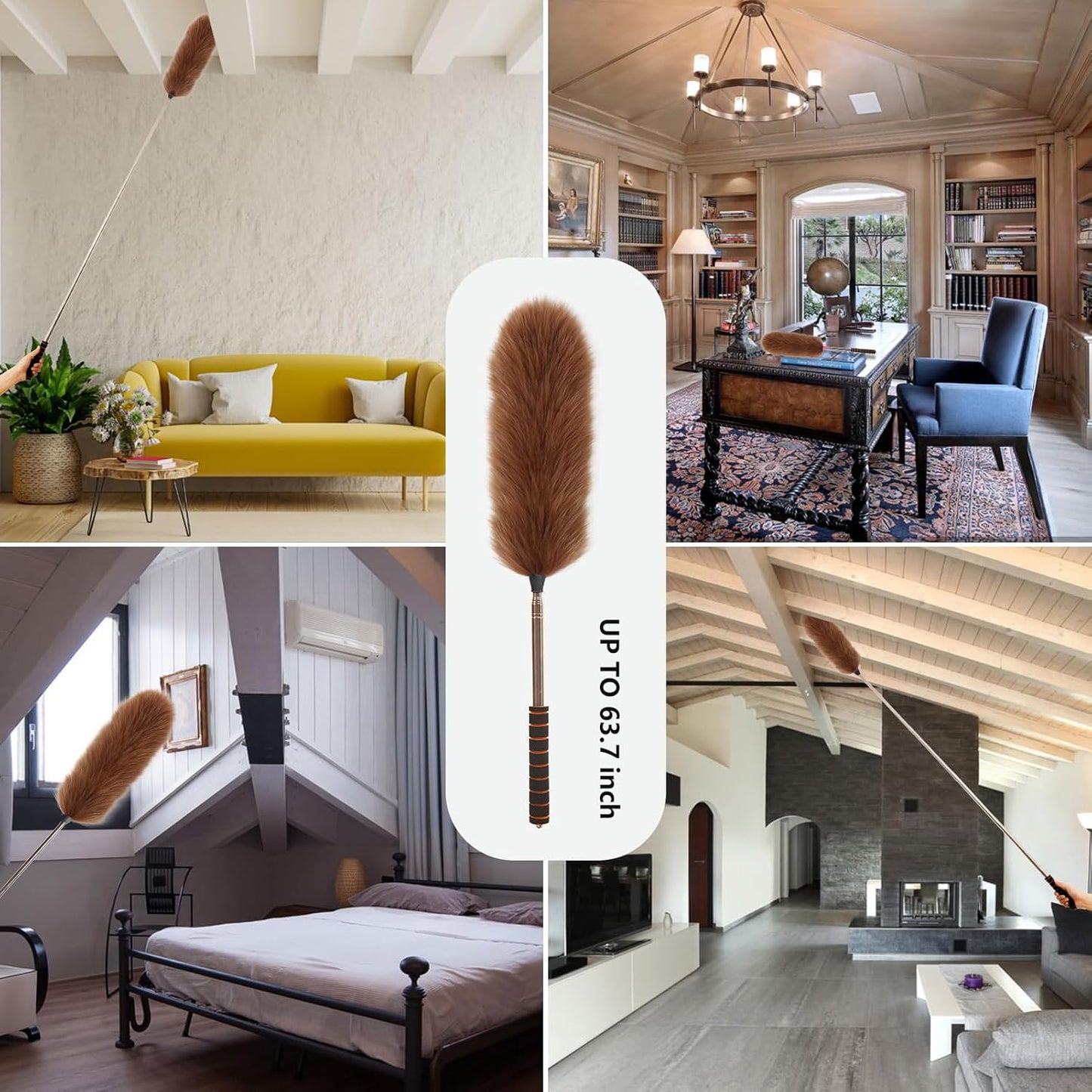 Extendable Lambswool Duster Stainless Steel Handle 133" Removable Feather Duster for Cleaning Ceiling Fans Interior Roof Furniture, Brown