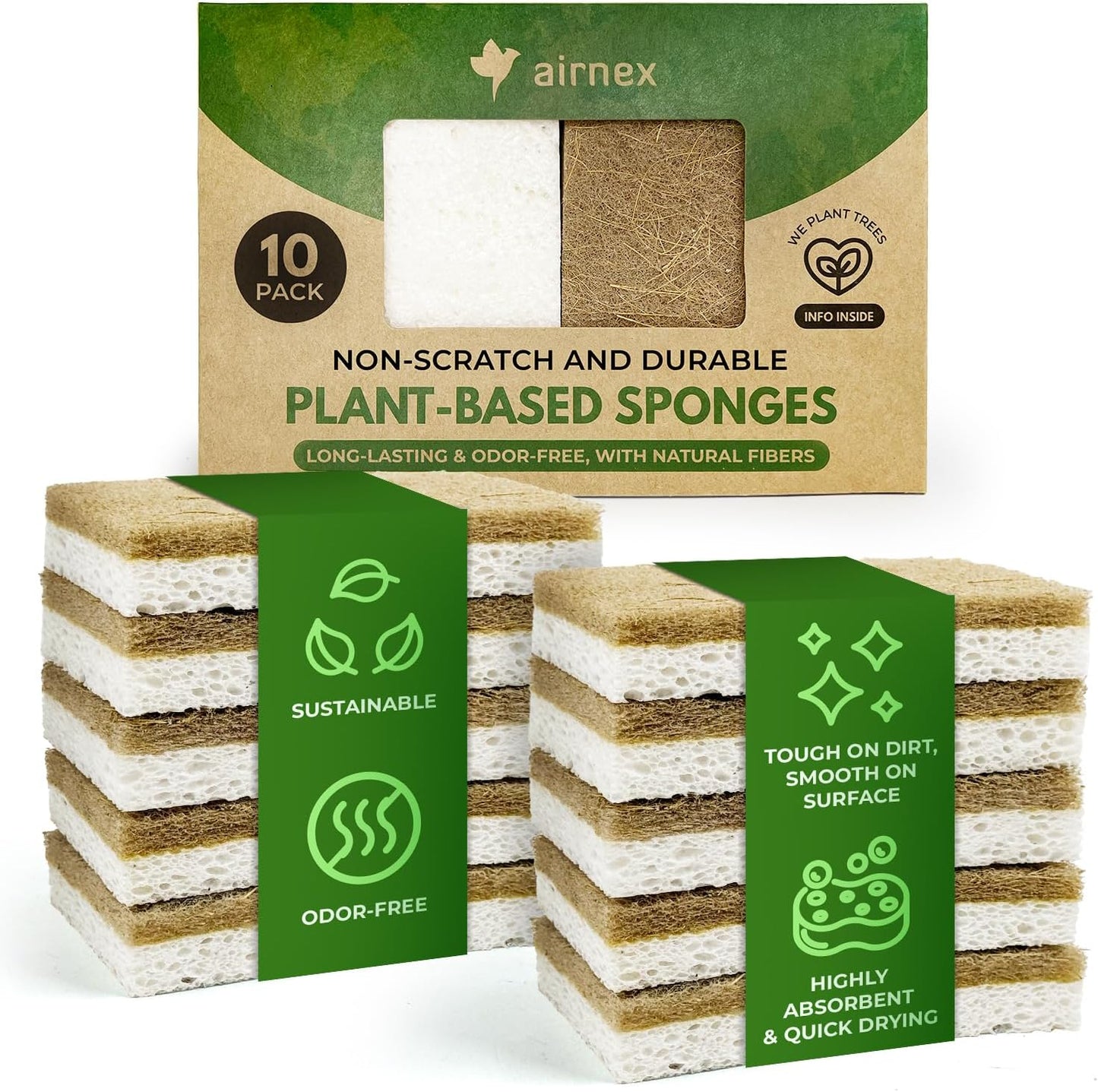 AIRNEX Biodegradable Natural Kitchen Sponges Pack of 6 - Cellulose and Coconut Walnut Scrubber Sponge - Eco Friendly Sponges for Dishes